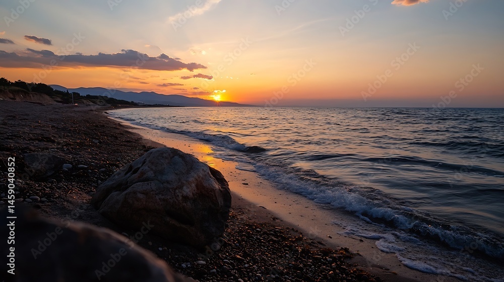 Aufkleber serene sunset over a pebble beach, with gentle waves lapping the shore and a large rock in the foreg