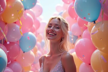 Joyful Celebration Moment. Womans radiant smile fills space with joy amidst vibrant cluster of colorful inflated balloons.