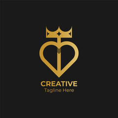Letter T crown logo with heart symbol. Letter T crown love logo template.