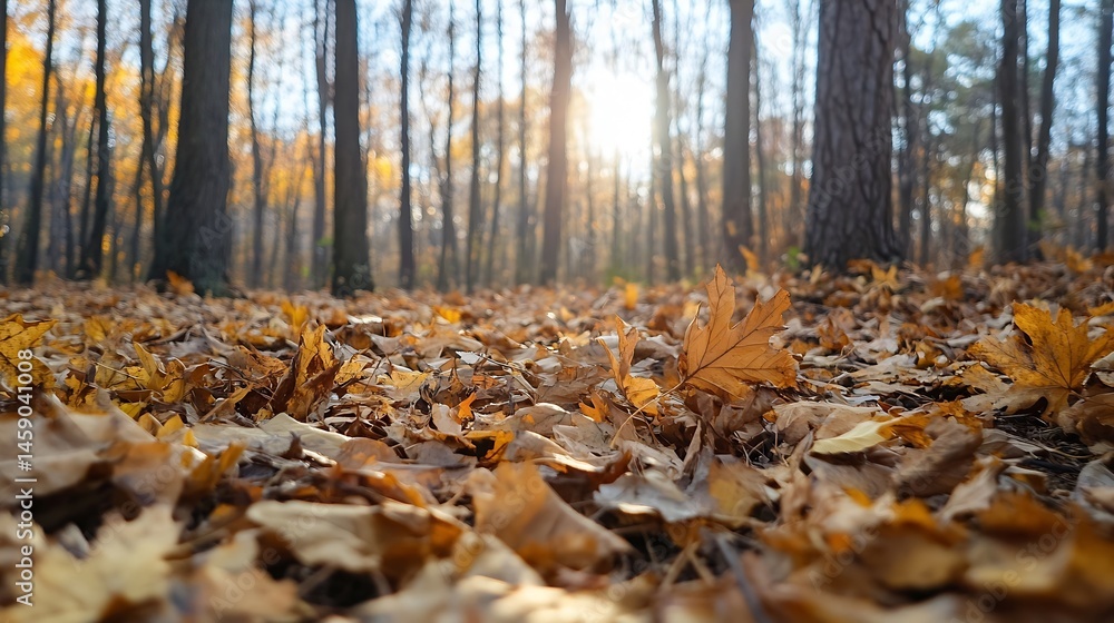 Aufkleber autumnal forest floor with fallen maple leaves, sunlight filtering through trees, creating a warm, g