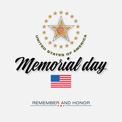 Holiday design, background with handwriting texts and national flag colors for Memorial day event celebration; Vector illustration.