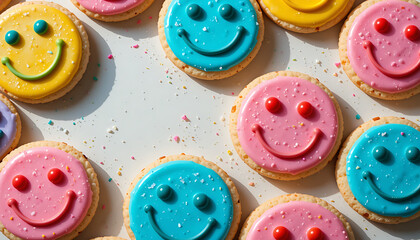 Colorful smiley face cookies arranged creatively evoke happiness and joy in a vibrant setting