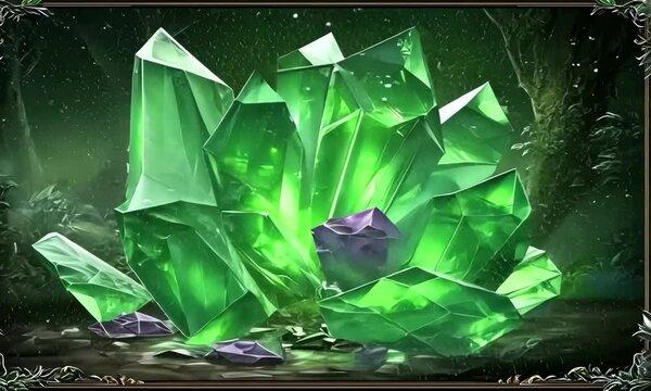 Enchanting growth of glowing emerald crystals in mystical cave environment