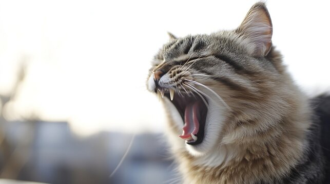 Close-up of a tabby cat yawning, showing its teeth and pink tongue.  Soft, blurry background suggests an outdoor setting. : Generative AI