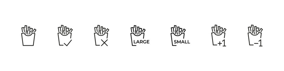 Fries vector outline fast food icons. Large and small packaging, add one or delete one icon set. French fries icons with portion size options