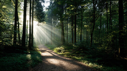 Fototapeta premium Serene Forest Path Bathed In Sunlight With Lush Greenery And Peaceful Nature Walk Ambiance