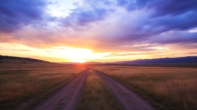 Sunset over a vast, golden prairie landscape, a dirt road disappearing into the distance, vibrant purple and orange hues paint the sky. : Generative AI