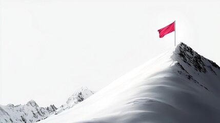 Crimson flag atop a snow-capped mountain peak.