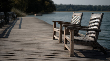Wooden Chairs Floating on a Serene Lake at Sunset with Calm Waters and Soft Reflections