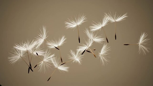 Ethereal dandelion seed dispersal macro in white and brown against a muted beige background, representing lightness and nature's transience as seeds float gently