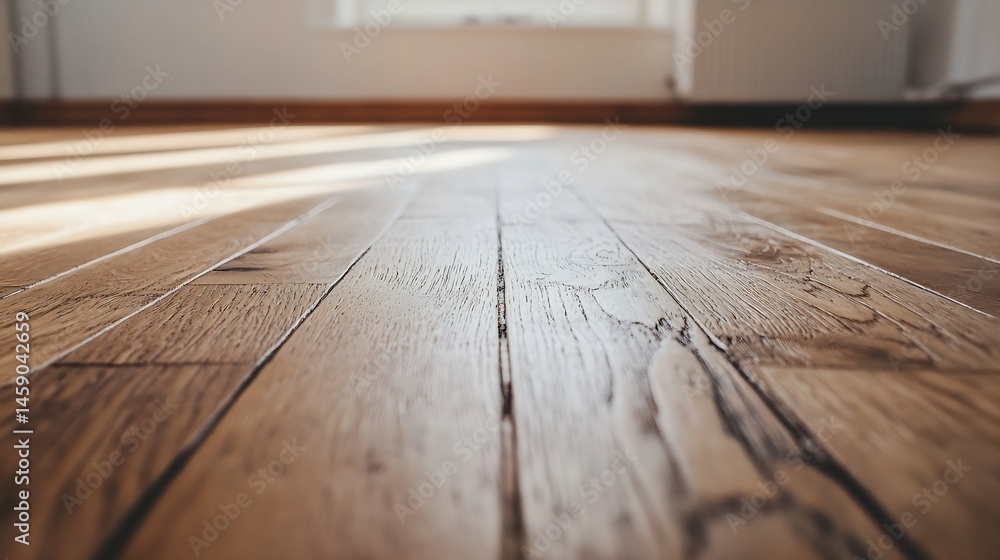 Leinwandbilder Close-up view of a rustic, light brown oak wood floor, showing the natural grain and texture of the planks. Sunlight streams across the surface, creating warm highlights and shadows. : Generative AI