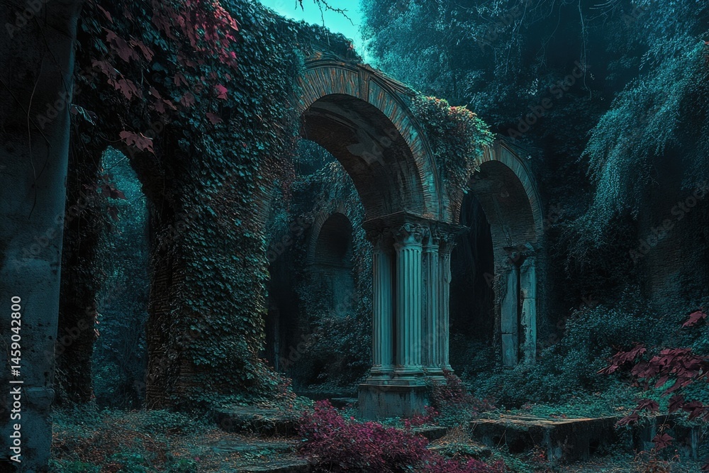 Poster ancient ruins overgrown with ivy, creating a mysterious and enchanting atmosphere in a dark forest.