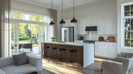 Fototapeta premium A stylish open-concept kitchen merging seamlessly with the living area, featuring a large island with barstools and pendant lighting