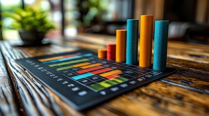 Colorful bar chart with cylinder bars on wooden table
