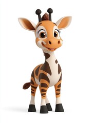Obraz premium 3D cartoon giraffe character smiling happily with large eyes and playful expression isolated on white background