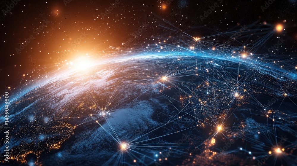 Poster a stylized global network with swirling connection lines wrapping around a semi-transparent earth.