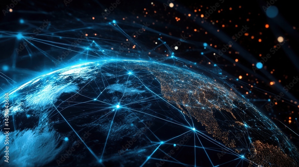 Poster a stylized global network with swirling connection lines wrapping around a semi-transparent earth.