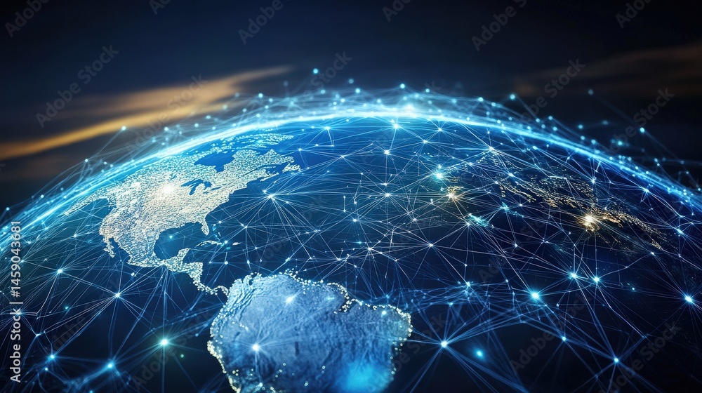 Poster a stylized global network with swirling connection lines wrapping around a semi-transparent earth.