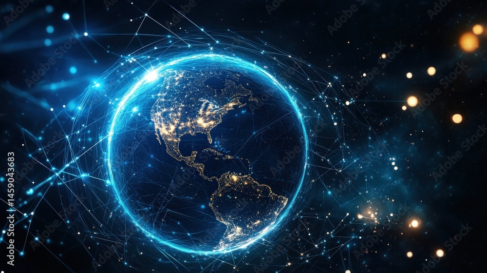 Poster a stylized global network with swirling connection lines wrapping around a semi-transparent earth.