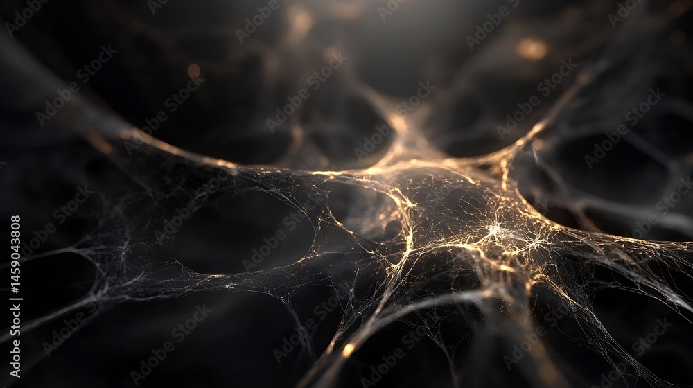 Fototapete Intricate spiderweb structure illuminated by golden light, detailed macro view of delicate threads against a dark background.  A mesmerizing natural design. : Generative AI