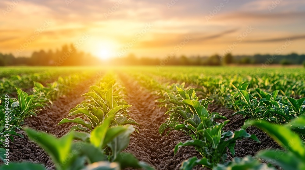 Poster rows of vibrant green plants illuminated by the warm glow of a setting sun in a vast agricultural fi