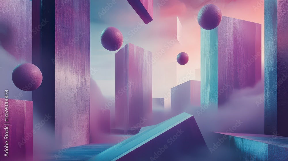 Aufkleber a surreal abstract environment where geometric forms defy gravity.