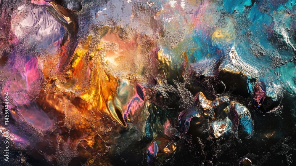 Poster a surreal blend of metallic textures and iridescent reflections in an abstract composition