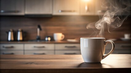 Obraz premium Steaming mug on kitchen counter, coffee, liquid in container, coffee, liquid in container, beverage