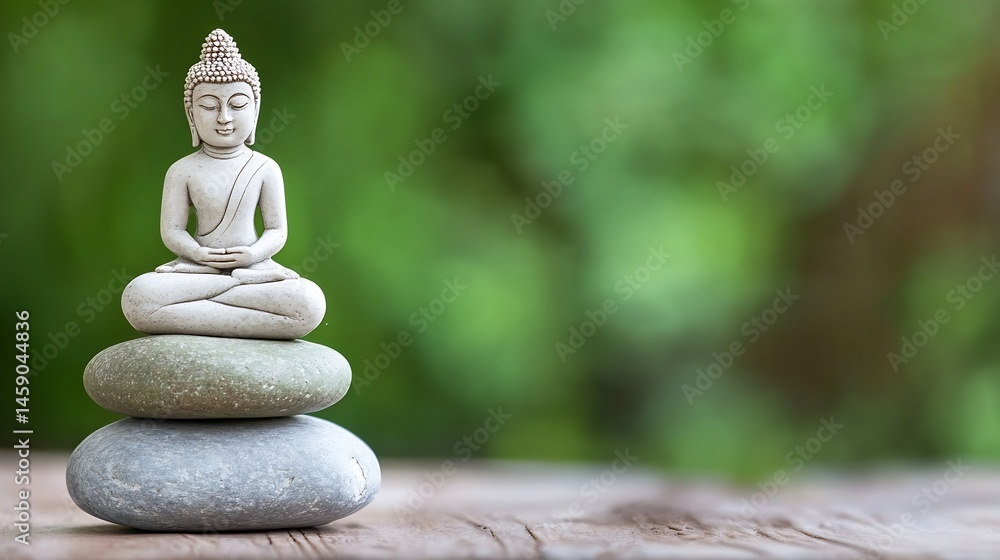 Poster serene buddha statue meditates atop a balanced stack of grey and green stones, set against a softly 