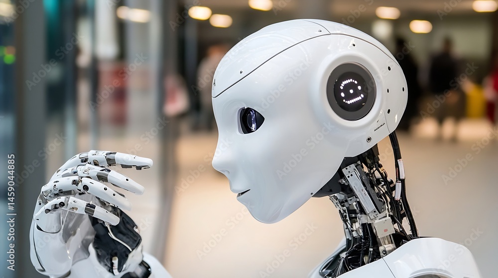 Poster close-up profile view of a humanoid robot, its articulated hand gently touching its face, set agains