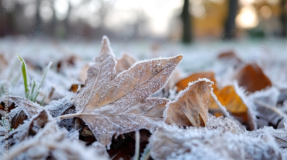 Aufkleber close-up of frost-covered autumn leaves on the ground, showcasing intricate ice crystals and muted b