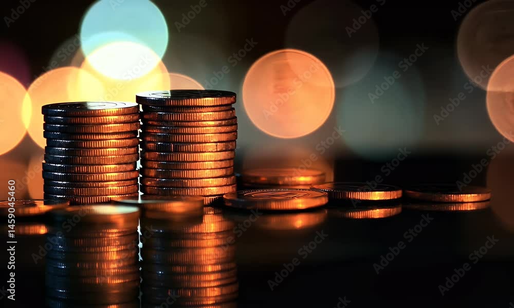Poster stacks of coins and stock chart background with a bokeh light effect for a financial concept. stock 