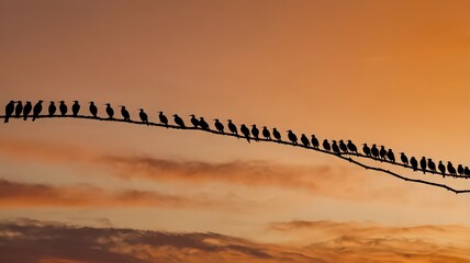 Silhouette of many birds perched on a wire against a warm sunset sky in a natural setting