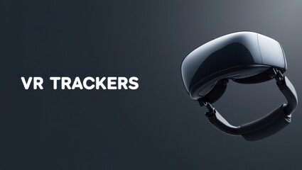 Vr Trackers. Experience Virtual Reality. Product ad banner copy text. Sleek black helmet displays bold white letters reading VR Trackers to immerse users in virtual worlds.