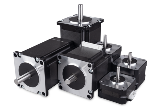 group of various stepper motor in different size and power isolated on white background. CNC diy 3d printing concept industry background.