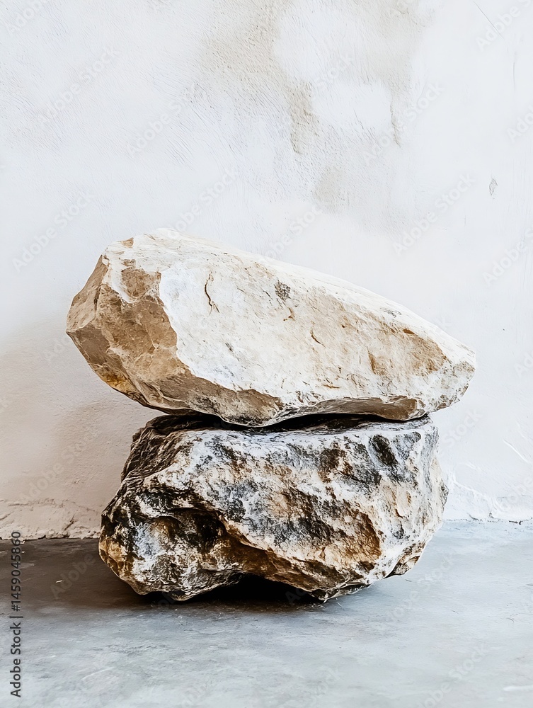 Poster two rough-textured stones rest on a light gray floor against a textured white wall, creating a minim
