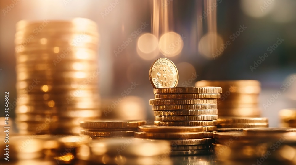Aufkleber a single bitcoin coin rests atop a stack of gold coins, symbolizing cryptocurrency investment and fi