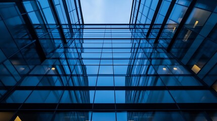 Low angle view of a modern glass skyscraper at dusk, showcasing the geometric pattern of its blue windows and reflecting the sky. : Generative AI