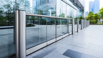 Obraz premium Modern glass building exterior with stainless steel bollards and reflective windows, showcasing a city street scene and lush green trees. : Generative AI