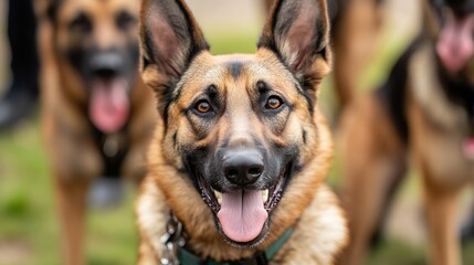 Fototapeta premium Happy German Shepherd Dog Close-Up Portrait, Two Other Dogs Blurred in Background, Outdoors, Green Grass : Generative AI