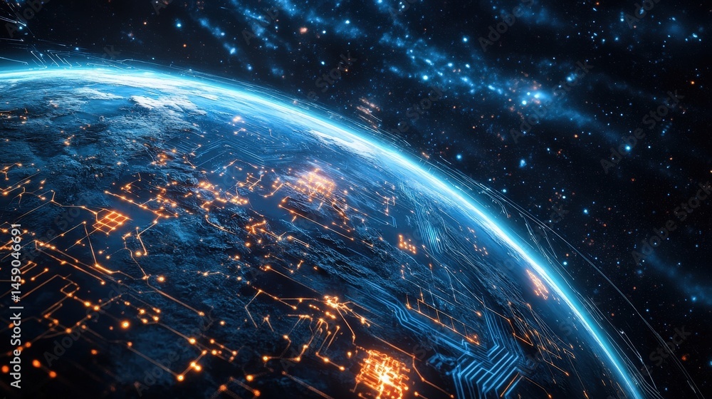 Aufkleber earth with circuit-like connections, symbolizing ai-driven global interactions.
