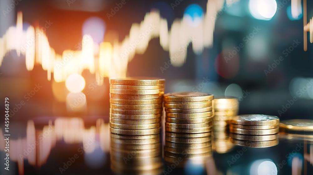Poster stacks of golden coins reflecting on a dark surface, with a blurred background of a rising stock mar