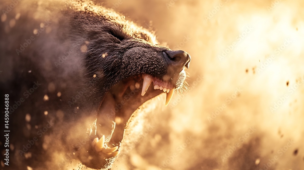 Poster a snarling hyena's face, covered in dust, is dramatically lit by golden sunlight, its teeth bared in