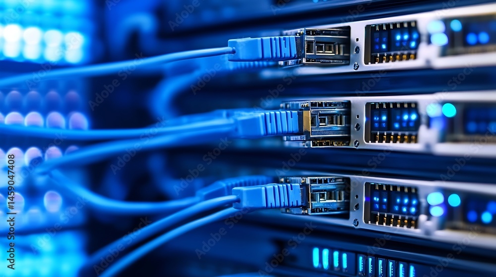 Aufkleber close-up view of blue fiber optic cables connected to network switches in a server rack, showcasing 