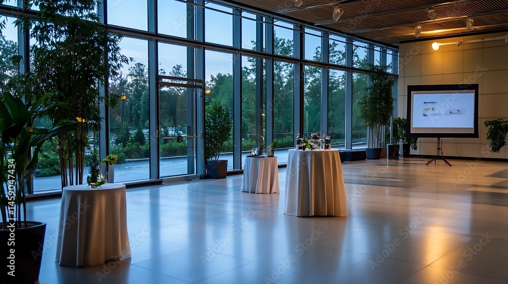Poster modern event space with large windows overlooking trees, featuring white tablecloths, potted plants,