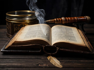 Old magic book open on a table near library
