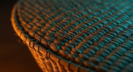 Fototapeta premium A close-up highlighting the intricate texture and pattern of a handwoven basket, illuminated by contrasting warm and cool lighting. Craftsmanship in focus.
