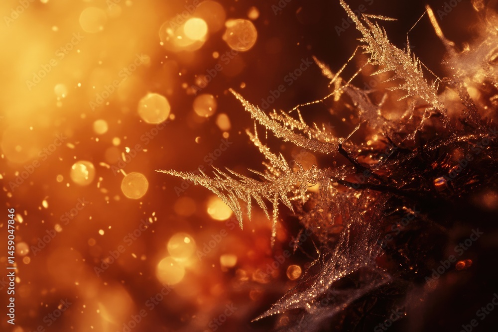 Aufkleber intricate frost patterns on a branch, illuminated by warm, golden bokeh lights.