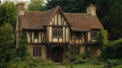Fototapeta premium A timber-framed medieval house in England with a slanted roof, small leaded windows, and a rustic atmosphere.