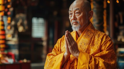 Naklejka premium Elderly man in traditional attire practicing meditation and prayer in a serene setting with a white background